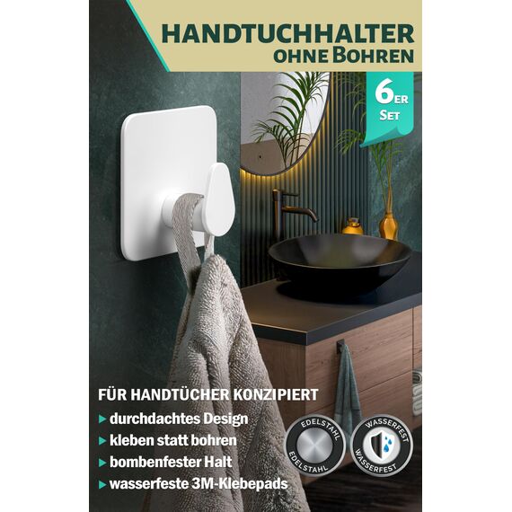 Menz Handtuchhalter ohne Bohren in Weiß, 6 Stück – Robuste Badezimmer Handtuchhalter, ovale Klebehaken, Haken fürs Bad, Haken selbstklebend, ideal als funktionale Handtuchhaken