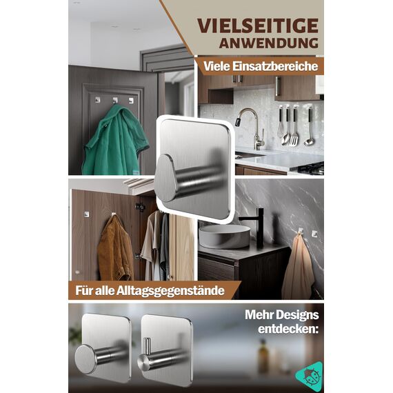 Menz Handtuchhalter ohne Bohren Edelstahl, 6er Set - Wasserfeste Badezimmer Handtuchhalter, ovale Klebehaken fürs Bad, Haken selbstklebend als stabil Handtuchhaken, funktional und hochwertig