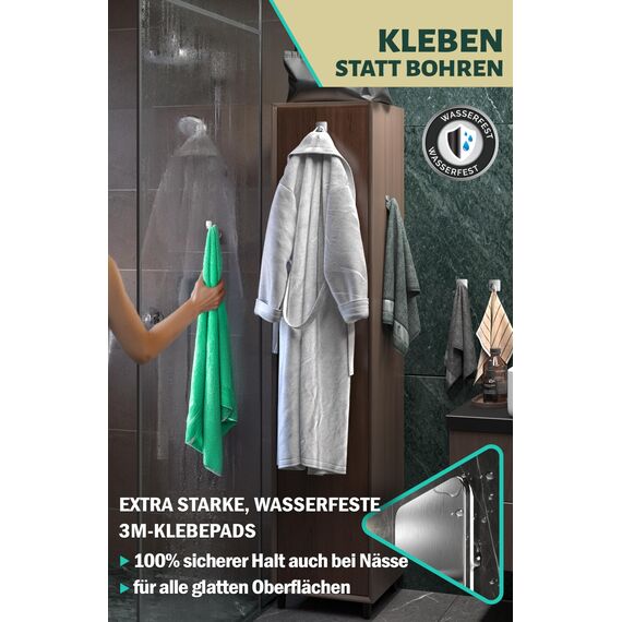 Menz Handtuchhalter ohne Bohren in Silber, 6 Stück – Robuste Badezimmer Handtuchhalter, ovale Klebehaken, Haken fürs Bad, Haken selbstklebend, ideal als funktionale Handtuchhaken