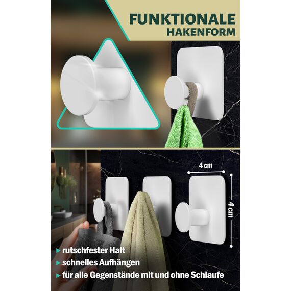 Menz Handtuchhalter ohne Bohren in Weiß, 6 Stück – Robuste Badezimmer Handtuchhalter, moderne Klebehaken, Haken fürs Bad, Haken selbstklebend, ideal als funktionale Handtuchhaken