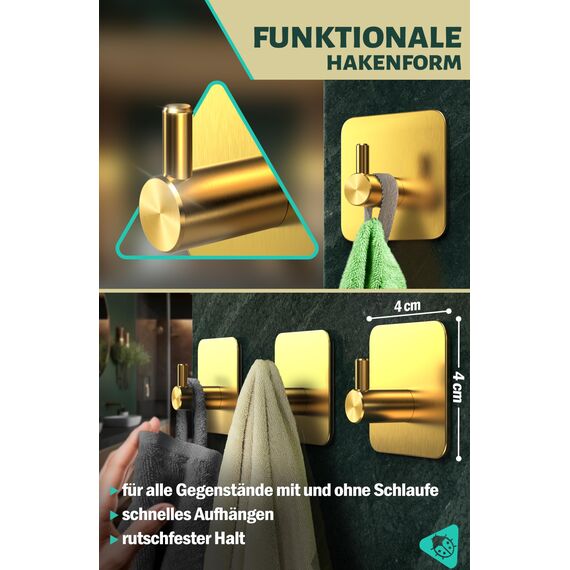 Menz Handtuchhalter ohne Bohren, 6 Stück, golden - Edelstahl Badezimmer Handtuchhalter, wasserfeste Klebehaken, langlebige Haken fürs Bad, Haken selbstklebend, ideal als funktionale Handtuchhaken