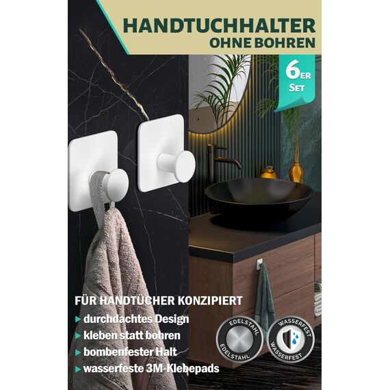 Menz Handtuchhalter ohne Bohren in Weiß, 6 Stück – Robuste Badezimmer Handtuchhalter, moderne Klebehaken, Haken fürs Bad, Haken selbstklebend, ideal als funktionale Handtuchhaken