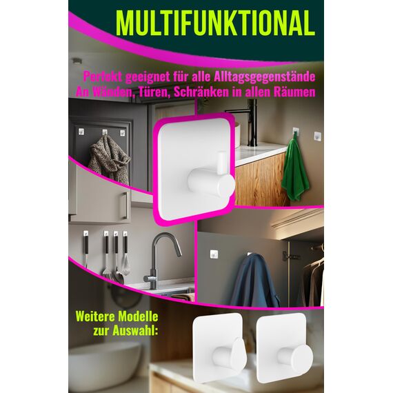 4happy Handtuchhaken ohne Bohren – 6er Pack Handtuchhalter ohne Bohren weiss, Klebehaken Edelstahl wasserfest, Haken selbstklebend als Handtuchhaken, Badezimmer Handtuchhalter, funktionale Haken