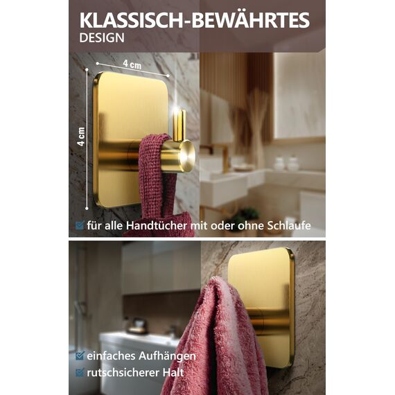 4smile Handtuchhalter ohne Bohren, 8er Set - Goldene Edelstahl Klebehaken als Handtuchhaken, wasserdichte Haken selbstklebend - Rostfreie Badezimmer Handtuchhalter, Haken für Bad und Küche