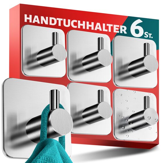 Menz Handtuchhalter ohne Bohren Edelstahl, 6er Set - Hochwertige Badezimmer Handtuchhalter, wasserfeste Klebehaken fürs Bad, Haken selbstklebend als funktionale Handtuchhaken, stabil und rostfrei