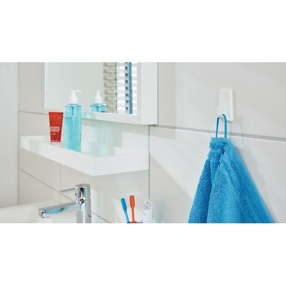 tesa Powerstrips Haken Large ECKIG - Selbstklebender Wandhaken für Glas, Kacheln, Holz, Kunststoff und andere Untergründe - Weiß (Packung mit 2)