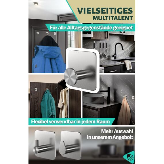 Menz Handtuchhalter ohne Bohren in Silber, 6 Stück – Robuste Badezimmer Handtuchhalter, moderne Klebehaken, Haken fürs Bad, Haken selbstklebend, ideal als funktionale Handtuchhaken