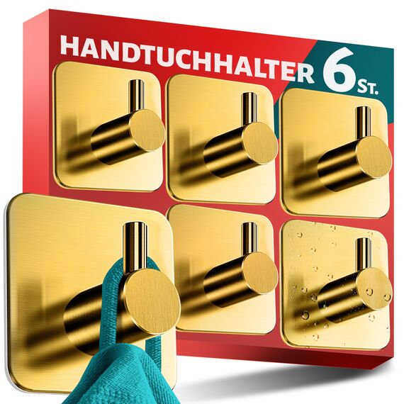 Menz Handtuchhalter ohne Bohren Edelstahl, 6er Set - Goldene Badezimmer Handtuchhalter, wasserfeste Klebehaken fürs Bad, Haken selbstklebend als funktionale Handtuchhaken, stabil und rostfrei