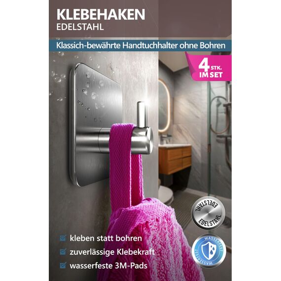 4smile Handtuchhalter ohne Bohren, 4er Set - Edelstahl Klebehaken als Handtuchhaken, wasserdichte Haken selbstklebend - Rostfreie Badezimmer Handtuchhalter, Haken für Bad und Küche