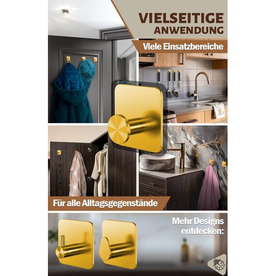 Menz Handtuchhalter ohne Bohren Edelstahl, 6er Set - Wasserfeste Badezimmer Handtuchhalter in Golden, moderne Klebehaken fürs Bad, Haken selbstklebend als funktionale Handtuchhaken