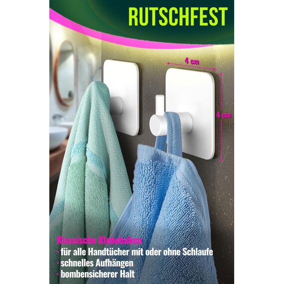 4happy Handtuchhaken ohne Bohren – 6er Pack Handtuchhalter ohne Bohren weiss, Klebehaken Edelstahl wasserfest, Haken selbstklebend als Handtuchhaken, Badezimmer Handtuchhalter, funktionale Haken