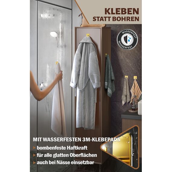 Menz Handtuchhalter ohne Bohren Edelstahl, 6er Set - Goldene Badezimmer Handtuchhalter, wasserfeste Klebehaken fürs Bad, Haken selbstklebend als funktionale Handtuchhaken, stabil und rostfrei