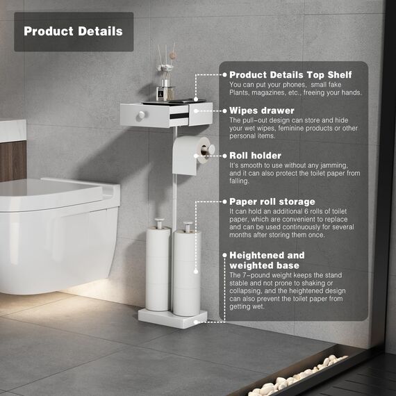 VOLDRA Toilettenpapierhalter Stehend Klopapierhalter Ohne Bohren Klopapier Mit Schublade Aufbewahrung Klorollenhalter Wc Papier Halterung Klorollenhalter Stehend Wc Rollenhalter Für 7 Rollen(Weiß)