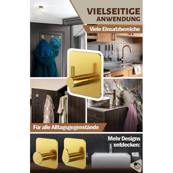 Menz Handtuchhalter ohne Bohren Edelstahl, 6er Set - Goldene Badezimmer Handtuchhalter, wasserfeste Klebehaken fürs Bad, Haken selbstklebend als funktionale Handtuchhaken, stabil und rostfrei