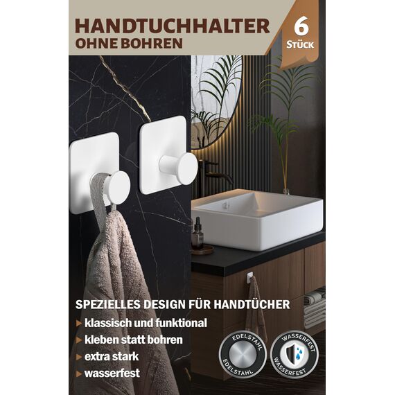 Menz Handtuchhalter ohne Bohren Edelstahl, 6er Set - Wasserfeste Badezimmer Handtuchhalter in Weiß, moderne Klebehaken fürs Bad, Haken selbstklebend als funktionale Handtuchhaken