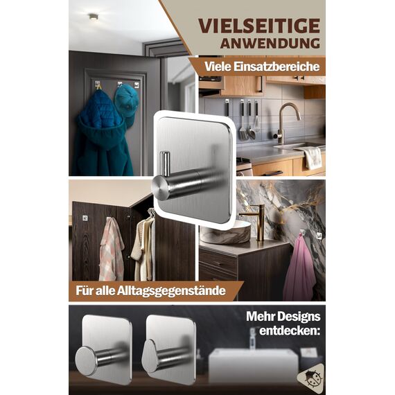 Menz Handtuchhalter ohne Bohren Edelstahl, 6er Set - Hochwertige Badezimmer Handtuchhalter, wasserfeste Klebehaken fürs Bad, Haken selbstklebend als funktionale Handtuchhaken, stabil und rostfrei