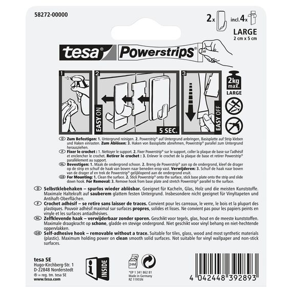 tesa Powerstrips Haken Large ECKIG - Selbstklebender Wandhaken für Glas, Kacheln, Holz, Kunststoff und andere Untergründe - Weiß