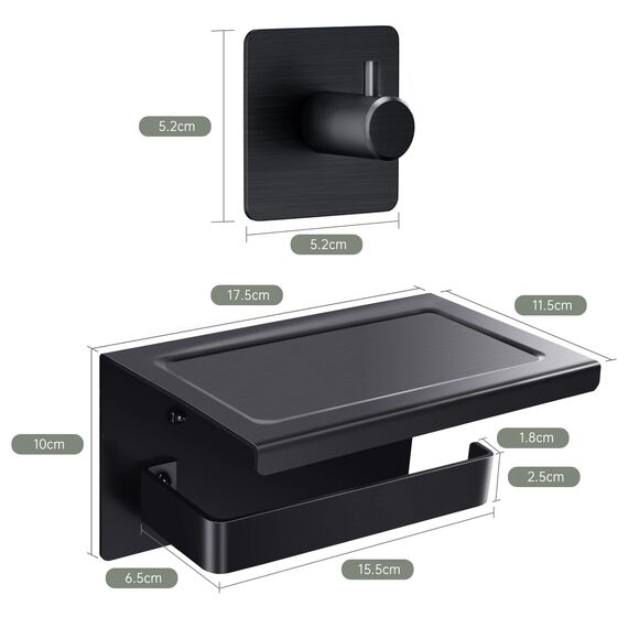 Acmetop Toilettenpapierhalter ohne Bohren Aluminium Klopapierhalter mit 17 cm Ablage, Selbstklebende WC Papier Halterung mit 2 Klebehaken Wandmontage Klorollenhalter für Küche und Badzimmer Schwarz