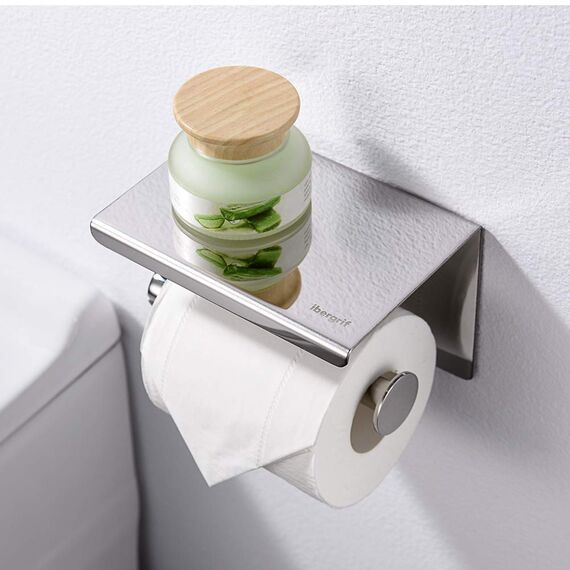 Ibergrif Toilettenpapierhalter mit 2 Montagemethoden (3M Selbstklebend oder Bohren) Klopapierhalter ohne Bohren, Klorollenhalter Wandhalterung, Toilettenpapier Halterung mit Ablage, Edelstahl, Silber