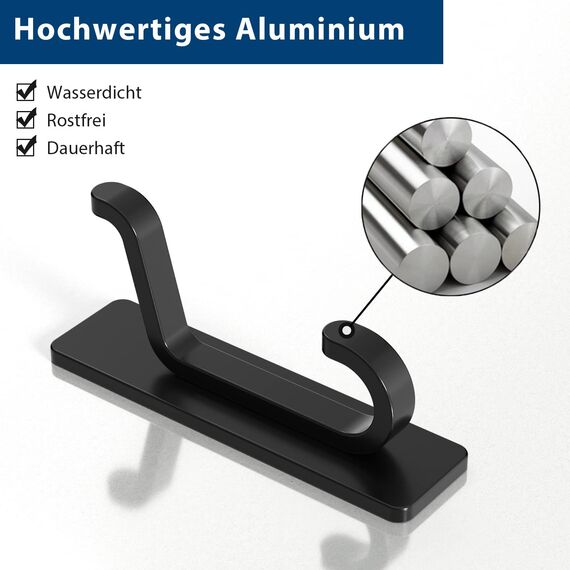 pickpiff Klebehaken Ultra Stark, Hält Bis Zu 6kg, Metall Türhaken Handtuchhaken Nichtrostend, Selbstklebende Haken Schwarz Matt, Duschhaken Ohne Bohren