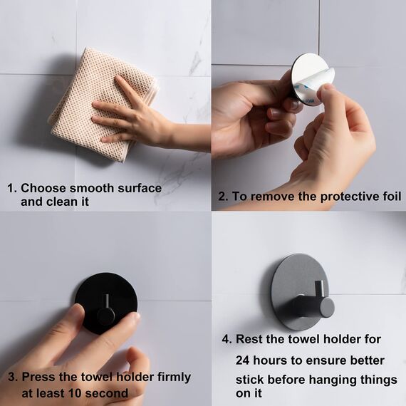 Feligio Handtuchhaken ohne Bohren, Haken Selbstklebende aus Edelstahl, Wandhaken Selbstklebend Handtuchhalter für Bad Toilette Küche(Schwarz, 6 Stück)