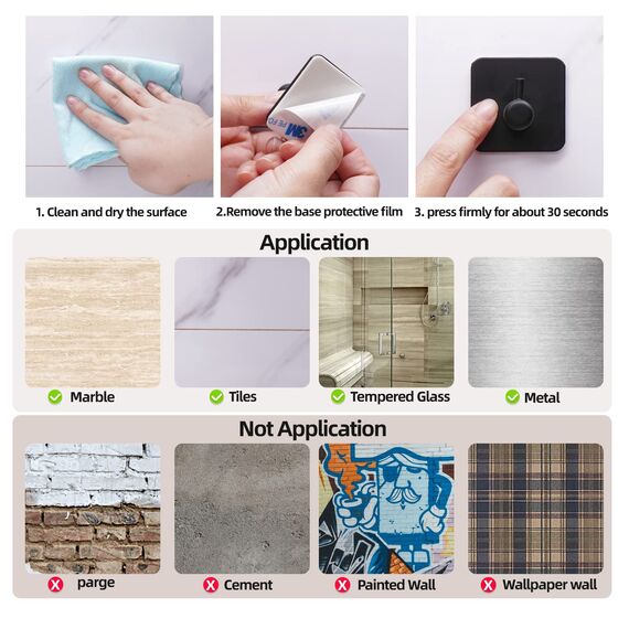 Feligio Klebehaken Schwarz 6 Stück, 304 Edelstahl Haken Klebehaken Ohne Bohren, Edelstahl Handtuchhalter Ohne Bohren für Haus, Küche, Bad, Büro