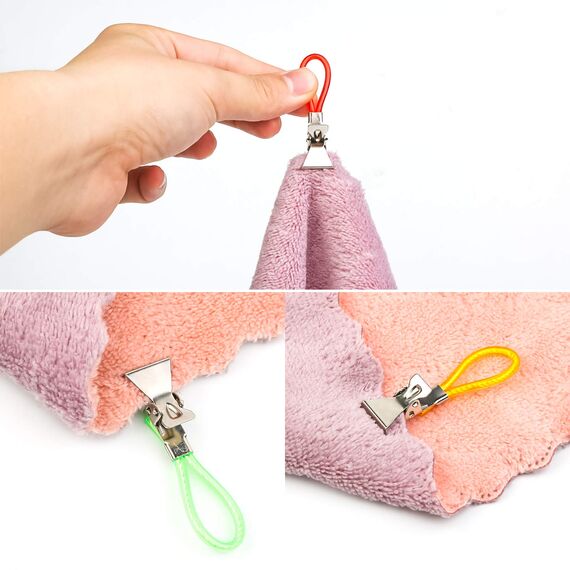 DONQL 15 Stück Handtuchklammer Haken Bunte Ersatz-Ösen für Küche und Geschirrtücher Set Handtuchclip Bad und Küche 5 Farben