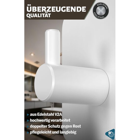 Menz Handtuchhaken ohne Bohren, 6er Pack – Extra starke Handtuchhalter ohne Bohren, Klebehaken Edelstahl, Haken selbstklebend mit wasserfesten Klebepads, Badezimmer Handtuchhalter, Fb. Weiß