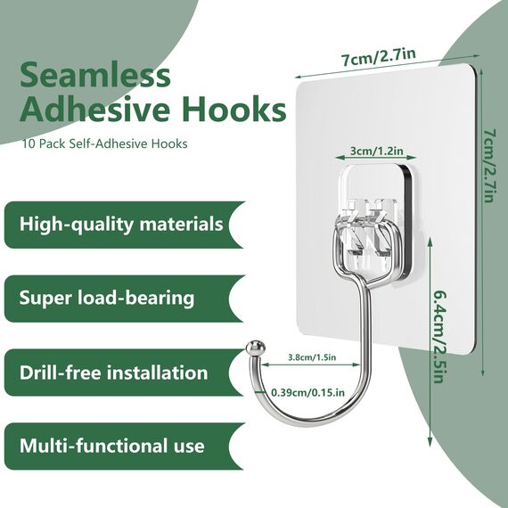 Klebehaken Extra Stark Gross - 10 Stück Selbstklebend Haken Transparent (Max 15kg) - Nahtloser Klebe Haken Wasserdicht und Ölfest Mehrzweck Klebehaken Transparent - Klebe haken Decke für Küche Bad