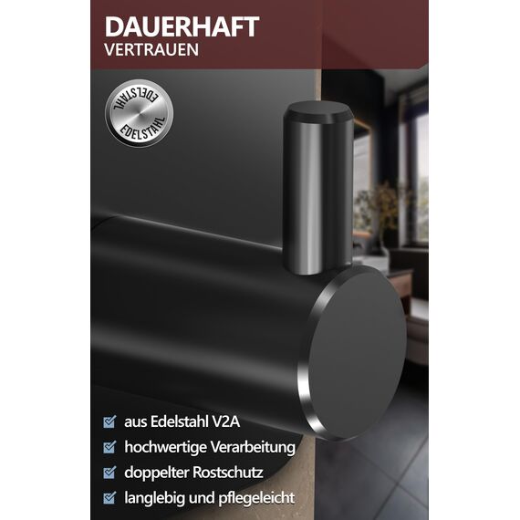 4smile Handtuchhalter ohne Bohren, schwarz - 6er-Set Badezimmer Handtuchhalter, Klebehaken aus Edelstahl, wasserfeste Haken für Bad, WC, Küche - Hochwertige Haken selbstklebend, Handtuchhaken