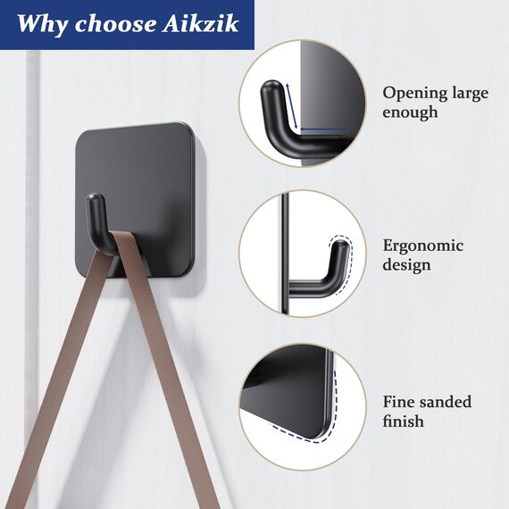 Aikzik Haken Selbstklebende 6 Stück Handtuchhaken Ohne Bohren Edelstahl Bademantelhaken Wandhaken Bad und Küche, Schwarz