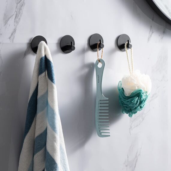 Feligio Handtuchhaken ohne Bohren, Haken Selbstklebende aus Edelstahl, Wandhaken Selbstklebend Handtuchhalter für Bad Toilette Küche(Schwarz, 6 Stück)