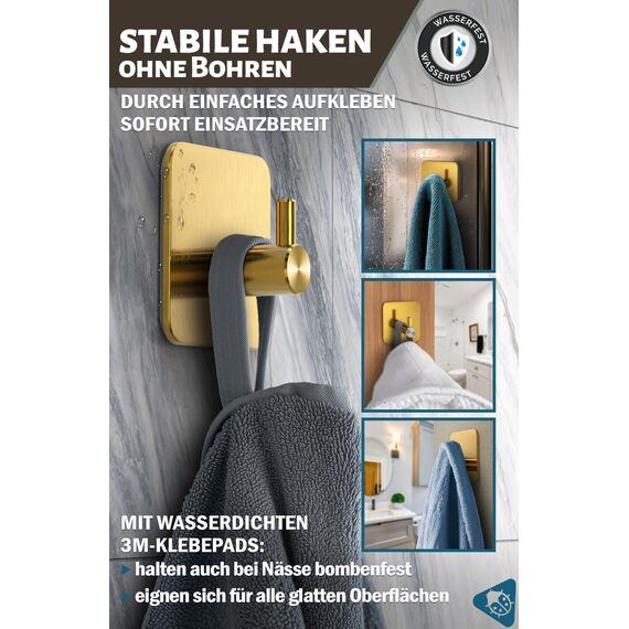 Menz Handtuchhaken ohne Bohren, 6er Pack – Extra starke Handtuchhalter ohne Bohren, Klebehaken Edelstahl, Haken selbstklebend mit wasserfesten Klebepads, Badezimmer Handtuchhalter, Fb. Gold