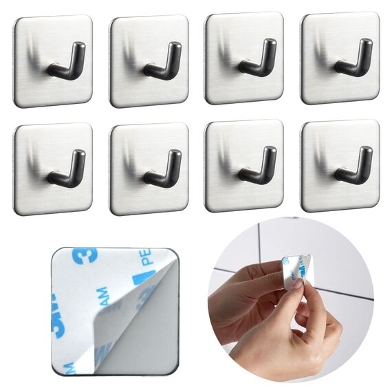 DEKAZIA® 8Klebehaken Edelstahl | Wandhaken selbstklebend extra stark, Bad, Handtuchhaken, Küchenhaken, ohne Bohren, Handtuchhalter
