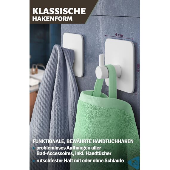 Menz Handtuchhaken ohne Bohren, 6er Pack – Extra starke Handtuchhalter ohne Bohren, Klebehaken Edelstahl, Haken selbstklebend mit wasserfesten Klebepads, Badezimmer Handtuchhalter, Fb. Weiß