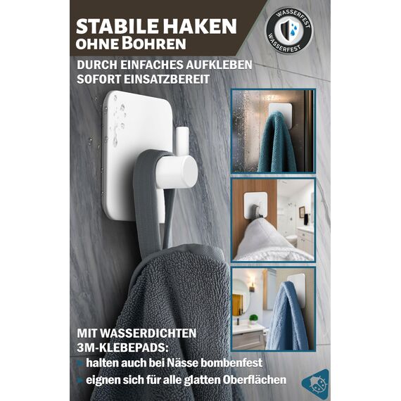 Menz Handtuchhaken ohne Bohren, 4er Pack – Extra starke Handtuchhalter ohne Bohren, Klebehaken Edelstahl, Haken selbstklebend mit wasserfesten Klebepads, Badezimmer Handtuchhalter, Fb. Weiß