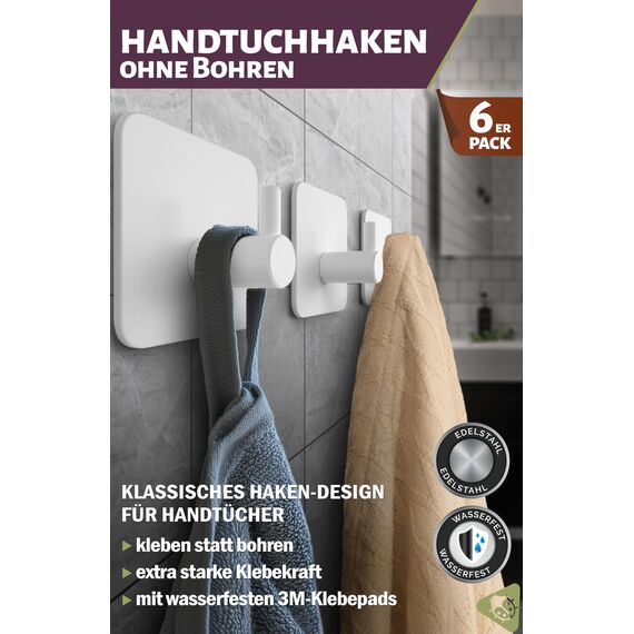 Menz Handtuchhaken ohne Bohren, 6 Stk. – Weiße Handtuchhalter ohne Bohren für bombenfesten Halt, Edelstahl Klebehaken, Haken selbstklebend, starke Badezimmer Handtuchhalter, Bad Haken