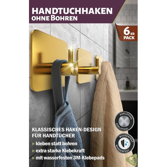 Menz Handtuchhaken ohne Bohren, 6 Stk. – Goldene Handtuchhalter ohne Bohren für bombenfesten Halt, Edelstahl Klebehaken, Haken selbstklebend, starke Badezimmer Handtuchhalter, Bad Haken