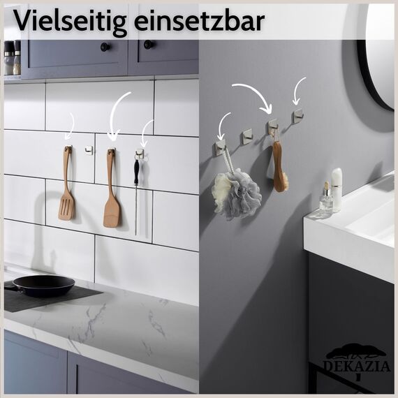 DEKAZIA Edelstahl Klebehaken, Extra Stark, Bad- und Küchenhandtuchhaken, Selbstklebend, 1kg Max. Gewicht, 4 Haken inklusive, gebürstetes Finish, modernes Design, Wandhalterung