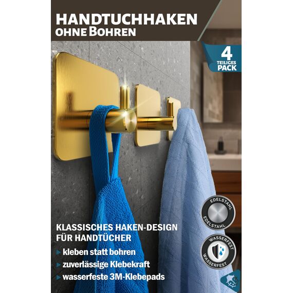 Menz Handtuchhaken ohne Bohren, 4er Pack – Extra starke Handtuchhalter ohne Bohren, Klebehaken Edelstahl, Haken selbstklebend mit wasserfesten Klebepads, Badezimmer Handtuchhalter, Fb. Gold