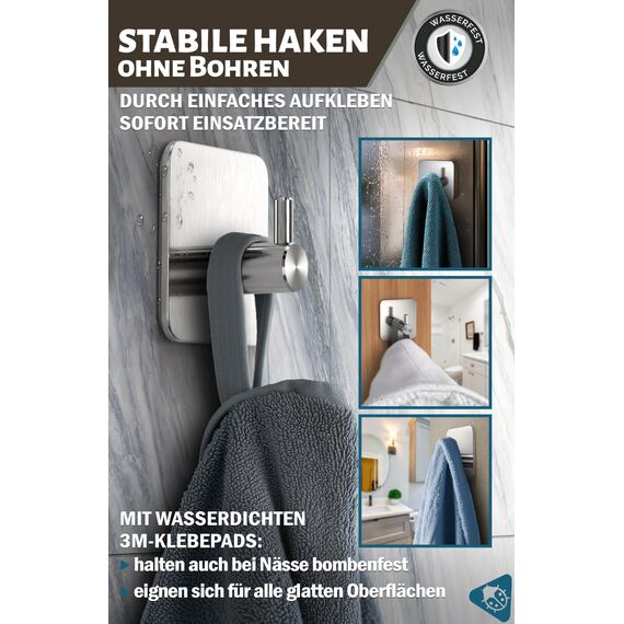 Menz Handtuchhaken ohne Bohren, 6er Pack – Extra starke Handtuchhalter ohne Bohren, Klebehaken Edelstahl, Haken selbstklebend mit wasserfesten Klebepads, Badezimmer Handtuchhalter, Fb. Silber