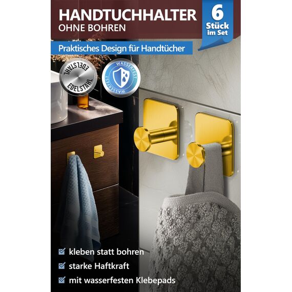 4smile Handtuchhalter ohne Bohren, golden - 6 Stück Badezimmer Handtuchhalter, Klebehaken aus Edelstahl, moderne Haken für Bad, WC, Küche - Wasserfeste Haken selbstklebend, Handtuchhaken