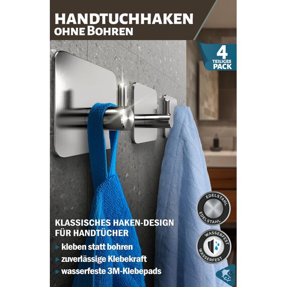 Menz Handtuchhaken ohne Bohren, 4er Pack – Extra starke Handtuchhalter ohne Bohren, Klebehaken Edelstahl, Haken selbstklebend mit wasserfesten Klebepads, Badezimmer Handtuchhalter, Fb. Silber
