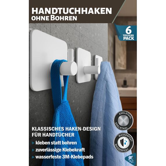 Menz Handtuchhaken ohne Bohren, 6er Pack – Extra starke Handtuchhalter ohne Bohren, Klebehaken Edelstahl, Haken selbstklebend mit wasserfesten Klebepads, Badezimmer Handtuchhalter, Fb. Weiß