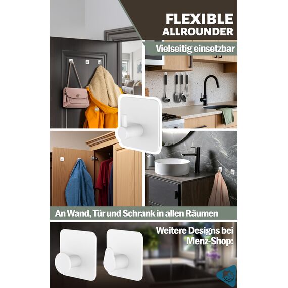 Menz Handtuchhaken ohne Bohren, 4er Pack – Extra starke Handtuchhalter ohne Bohren, Klebehaken Edelstahl, Haken selbstklebend mit wasserfesten Klebepads, Badezimmer Handtuchhalter, Fb. Weiß