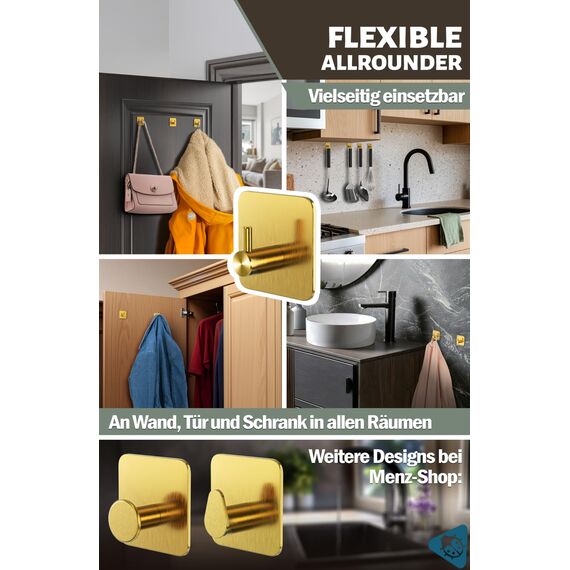 Menz Handtuchhaken ohne Bohren, 6er Pack – Extra starke Handtuchhalter ohne Bohren, Klebehaken Edelstahl, Haken selbstklebend mit wasserfesten Klebepads, Badezimmer Handtuchhalter, Fb. Gold