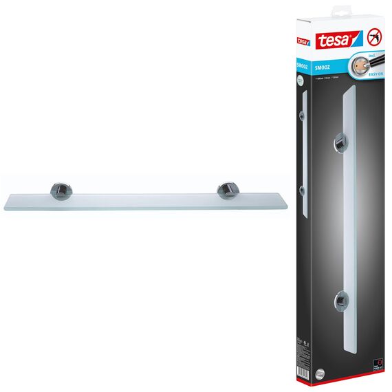 tesa SMOOZ Glasablage aus satiniertem Glas, verchromte Halterung - Badablage zur Wandbefestigung ohne Bohren, inkl. Klebelösung - 50 mm x 600 mm x 120 mm
