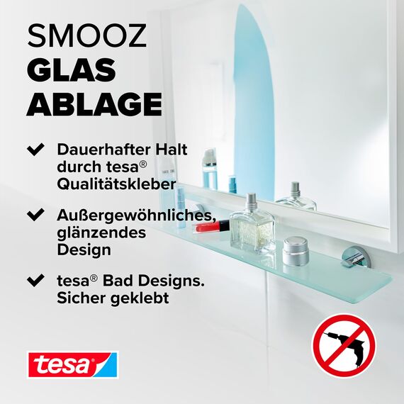 tesa SMOOZ Glasablage aus satiniertem Glas, verchromte Halterung - Badablage zur Wandbefestigung ohne Bohren, inkl. Klebelösung - 50 mm x 600 mm x 120 mm