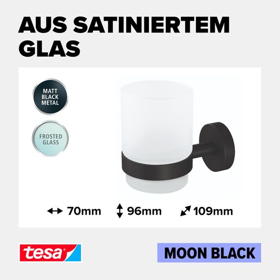 tesa Moon Black Zahnputzbecher aus satiniertem Glas mit Halter, matt schwarz - für Bäder im Industrial Style und Moderne Badezimmer - bohrfrei, inkl. Klebelösung - 70 mm x 96 mm x 109 mm