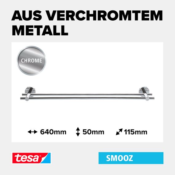 tesa SMOOZ Doppel-Handtuchstange, verchromt - Badetuchhalter mit 2 Stangen - zur Wandbefestigung ohne Bohren, inkl. Klebelösung - 640mm x 50mm x 115mm